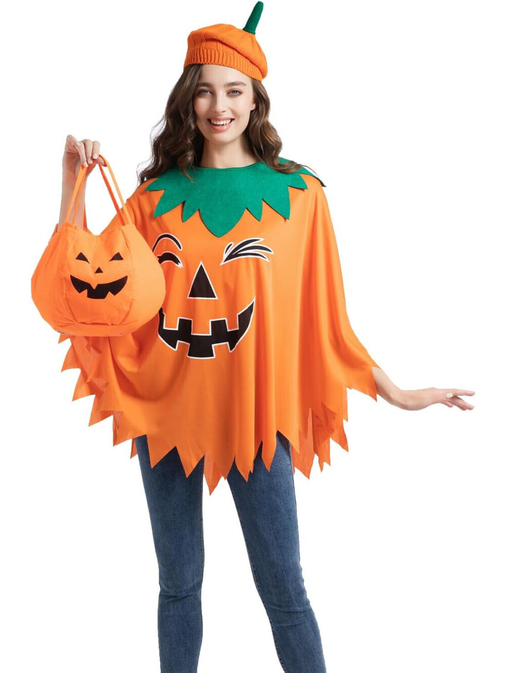 3 PCS Women Glow-In-The-Dark Pumpkin Costume with Beret and Candy Bag